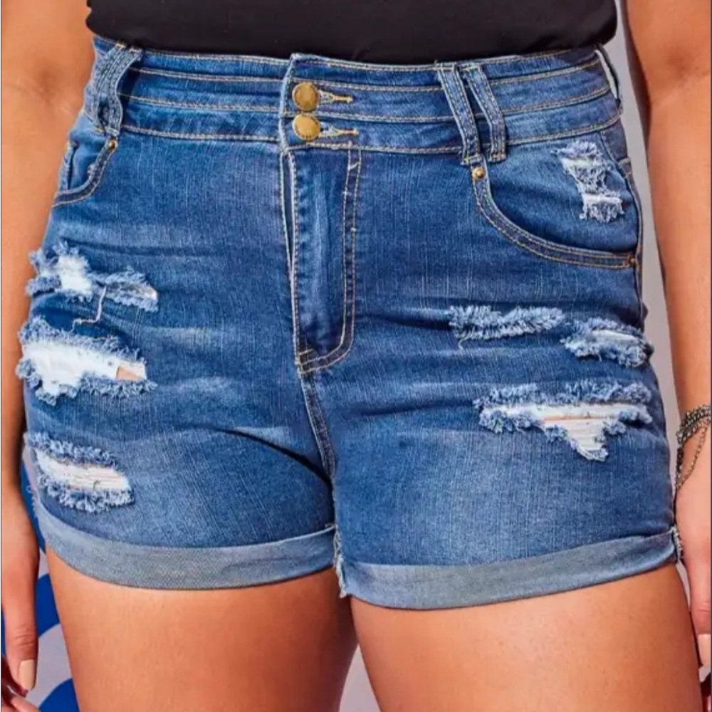 Plus Button Fly Roll Hem Ripped Denim Shorts